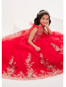 Tie Straps Gold Lace Red Glitter Tulle Fashion Flower Girl Dress